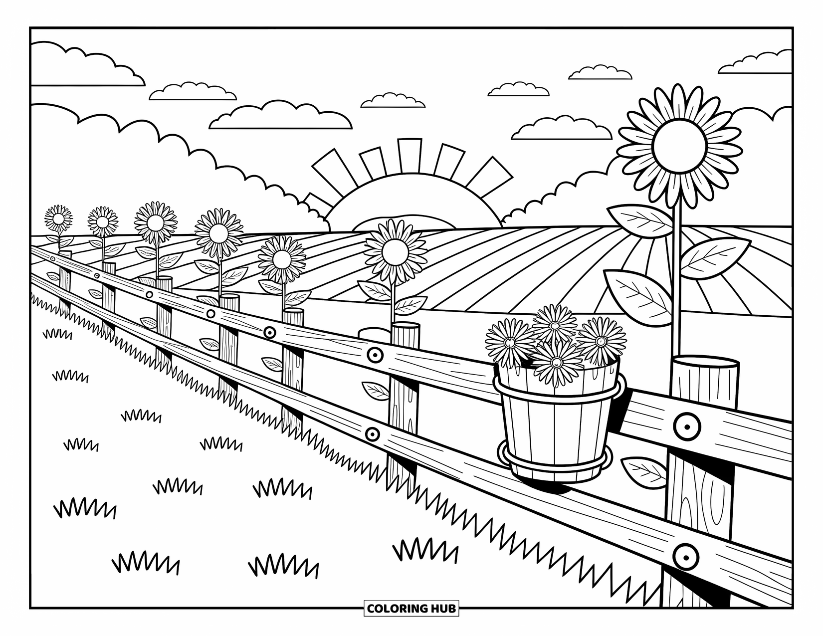 Dibujo de granja para colorear para adultos: Una cerca de madera acogedora con girasoles que se balancean bajo un cielo brillante