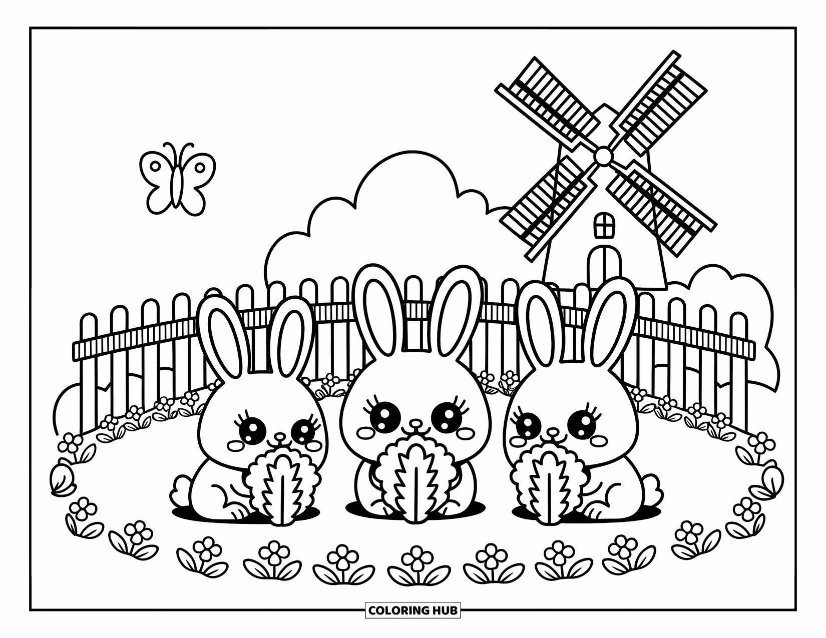 Dibujo de granja para colorear para adultos: Una linda familia de conejitos mordisquea lechuga cerca de una cerca de madera