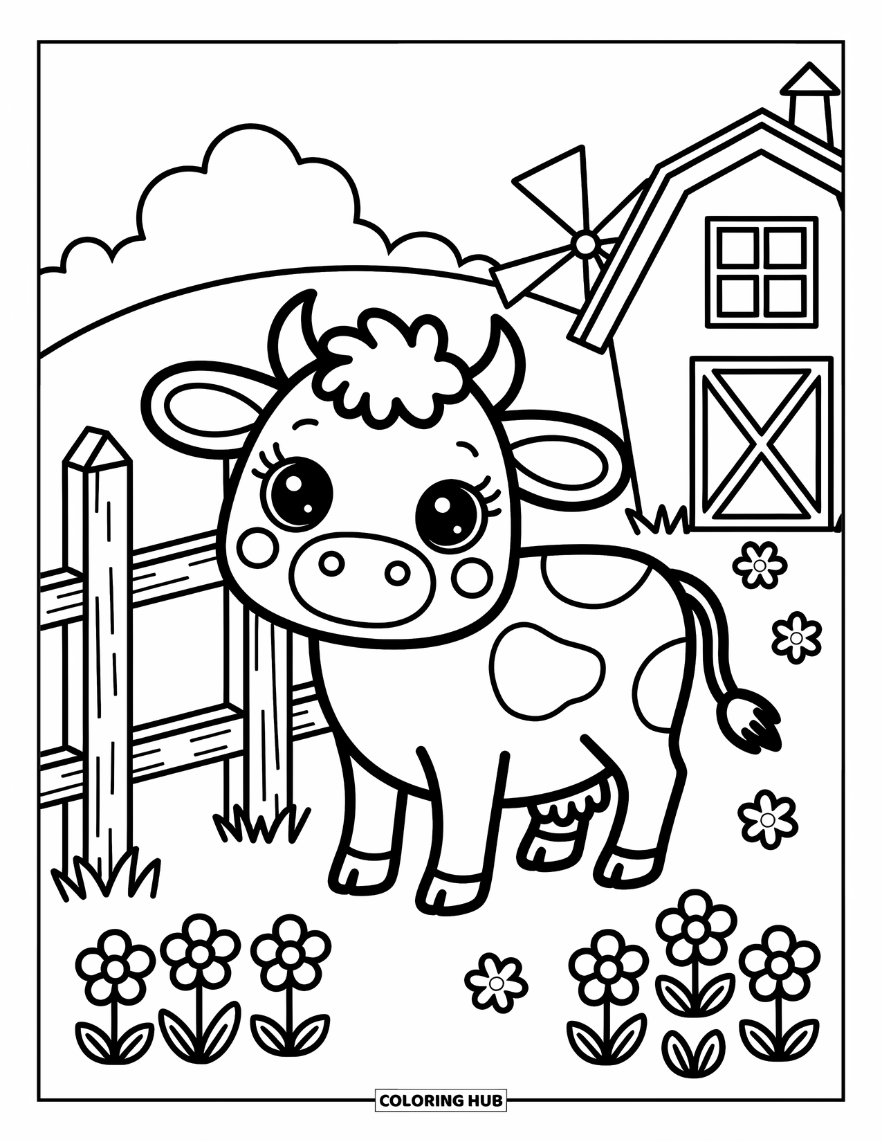 Disegno da colorare Fattoria per adulti: Una mucca carina si trova vicino a una recinzione, circondata da piccoli fiori di campo