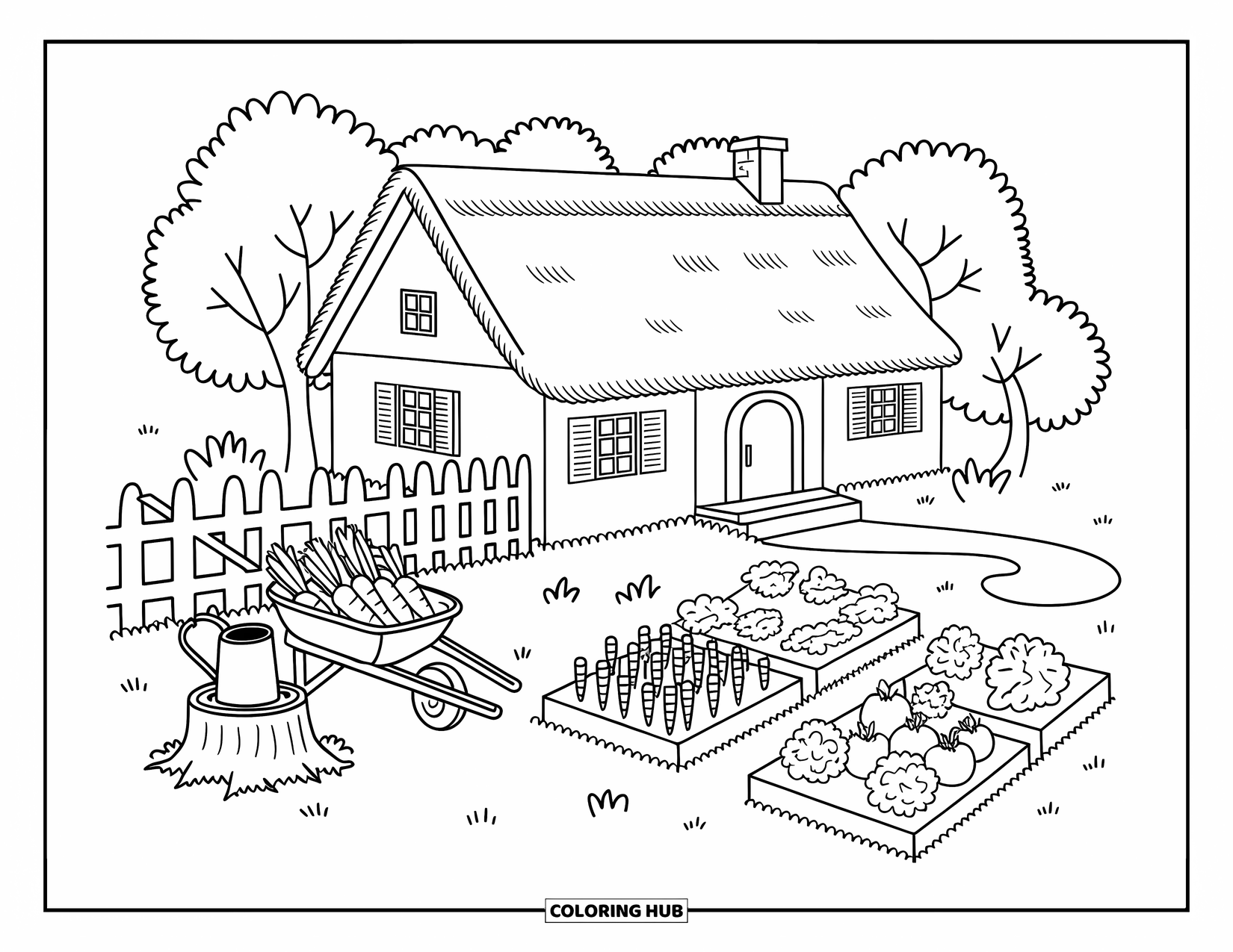 Dibujo de granja para colorear para adultos: Una linda casa de campo con una carretilla de verduras y una cerca de madera