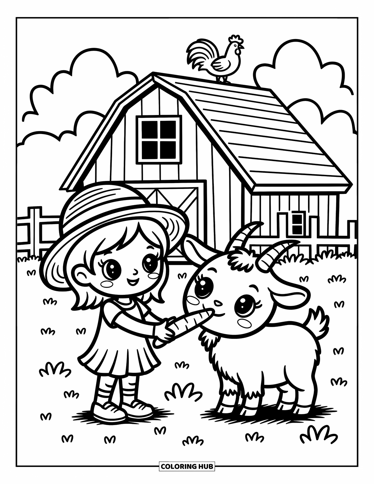 Disegno da colorare Fattoria per adulti: Una capra carina mangia avidamente una carota dalla mano di una gentile contadinella