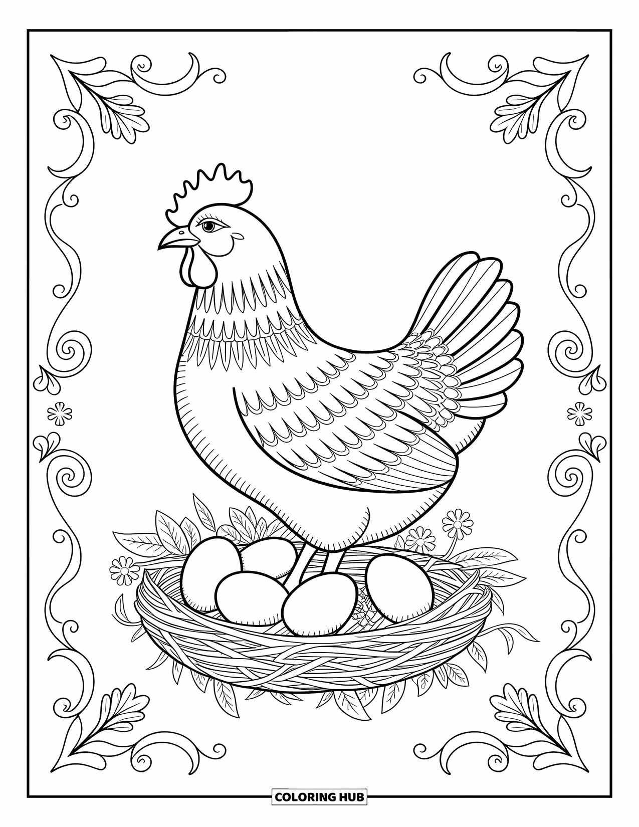 Dibujo de granja para colorear para adultos: Una gallina decorativa se sienta con gracia en un nido rodeado de patrones florales