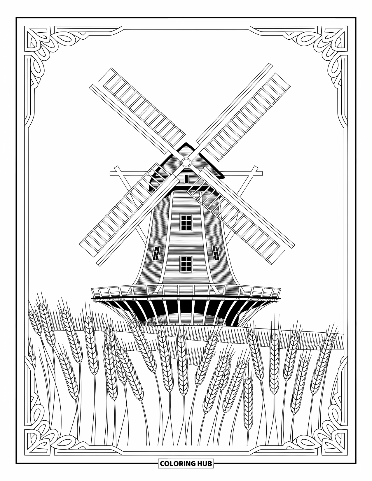 Dibujo de granja para colorear para adultos: Un molino de viento decorativo se alza en medio de exuberantes campos de trigo con patrones arremolinados