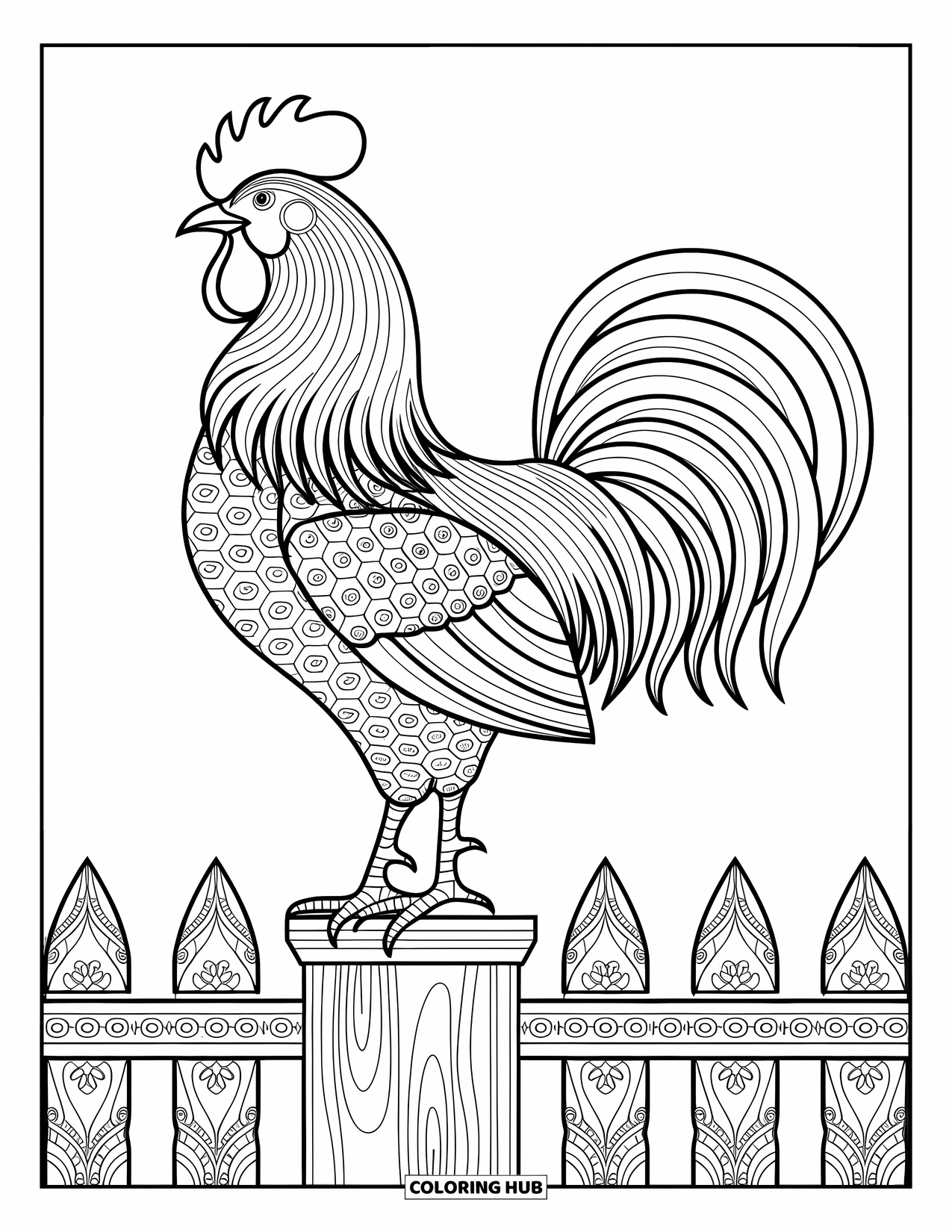 Dibujo de granja para colorear para adultos: Un primer plano detallado de las plumas estampadas de un gallo mientras se posa en un poste