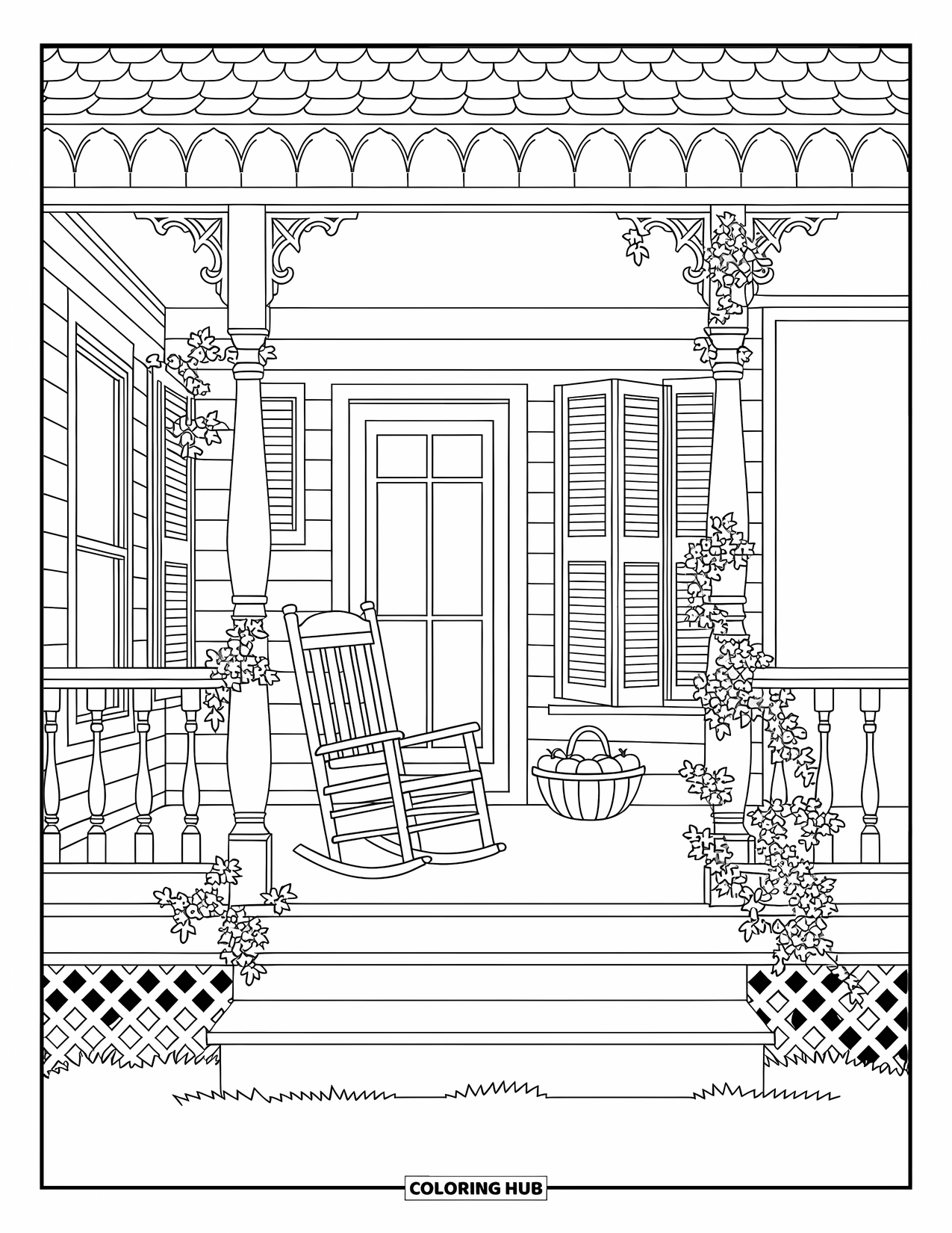 Dibujo de granja para colorear para adultos: Una escena detallada de un porche campestre con una mecedora y manzanas frescas