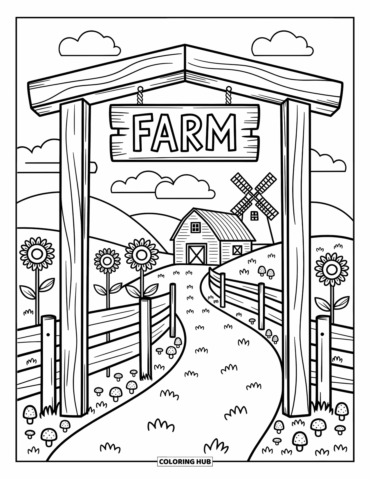 Disegno da colorare Fattoria per adulti: Un ingresso della fattoria con un cartello di legno, dolci colline e un cielo allegro