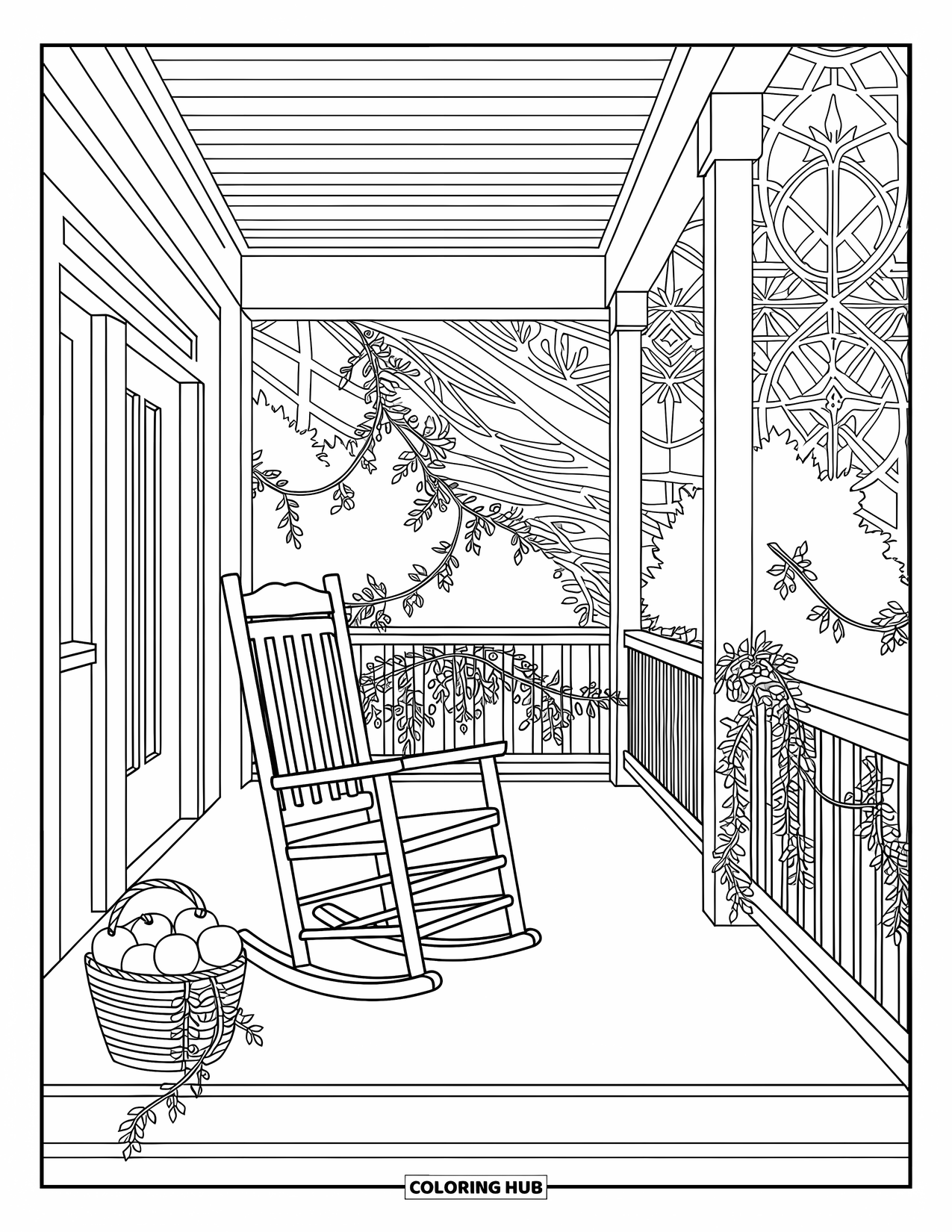 Dibujo de granja para colorear para adultos: Un porche de casa de campo con una mecedora y una cesta de manzanas