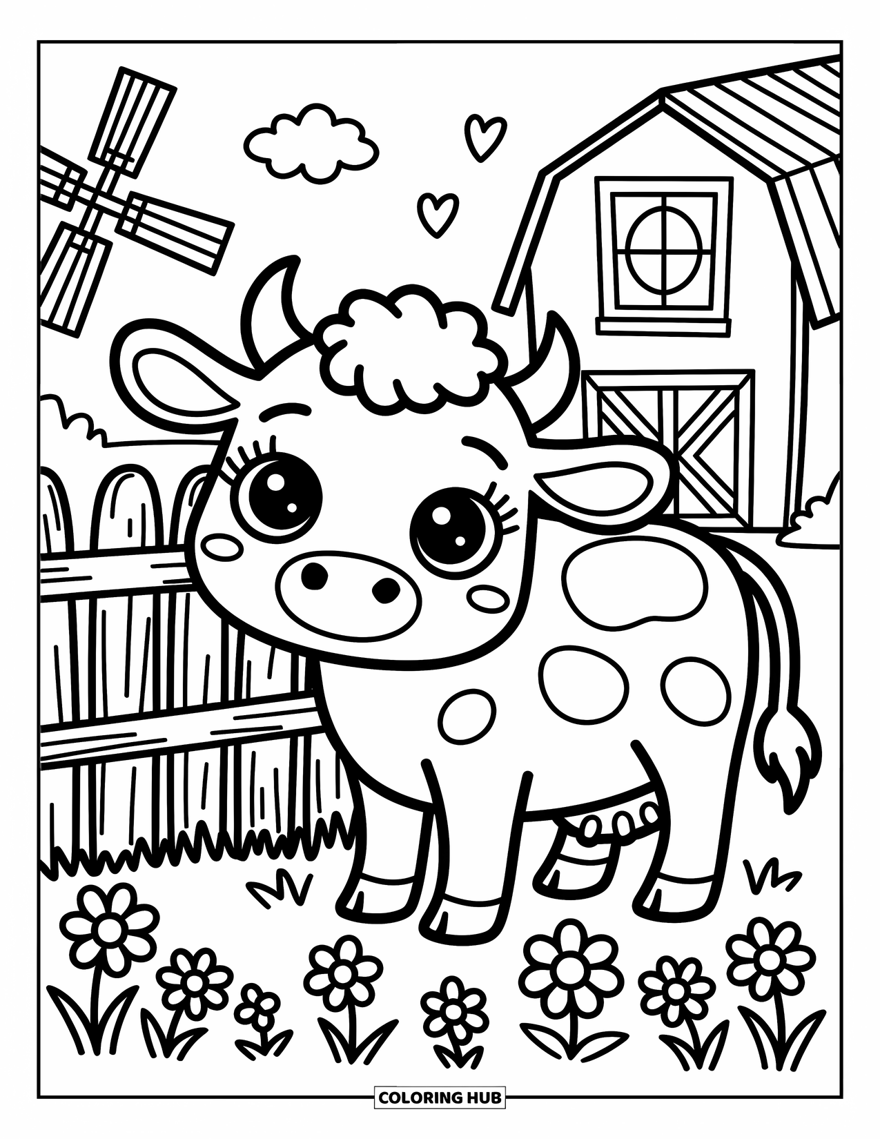 Dibujo de granja para colorear para adultos: Una vaca feliz mira por encima de una cerca rústica en una escena de granja tranquila
