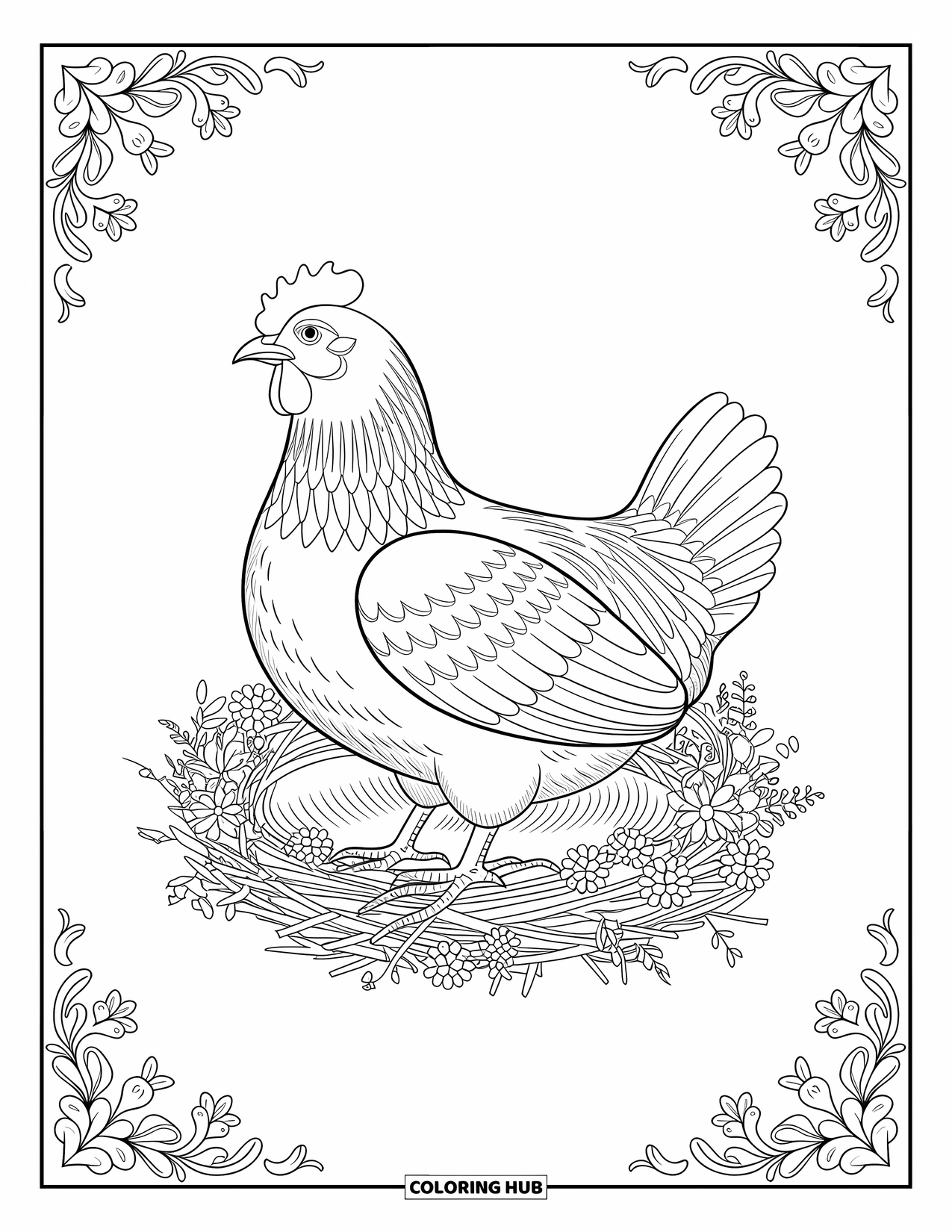 Dibujo de granja para colorear para adultos: Una gallina con plumas de patrones intrincados, anidando entre flores florecientes