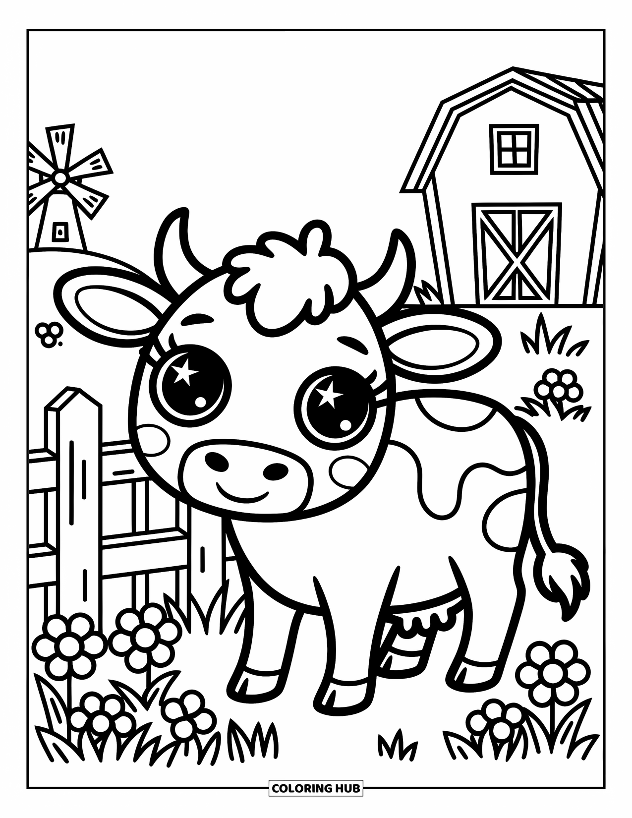 Disegno da colorare Fattoria per adulti: Una mucca kawaii si gode un cortile luminoso con fiori e una brezza leggera