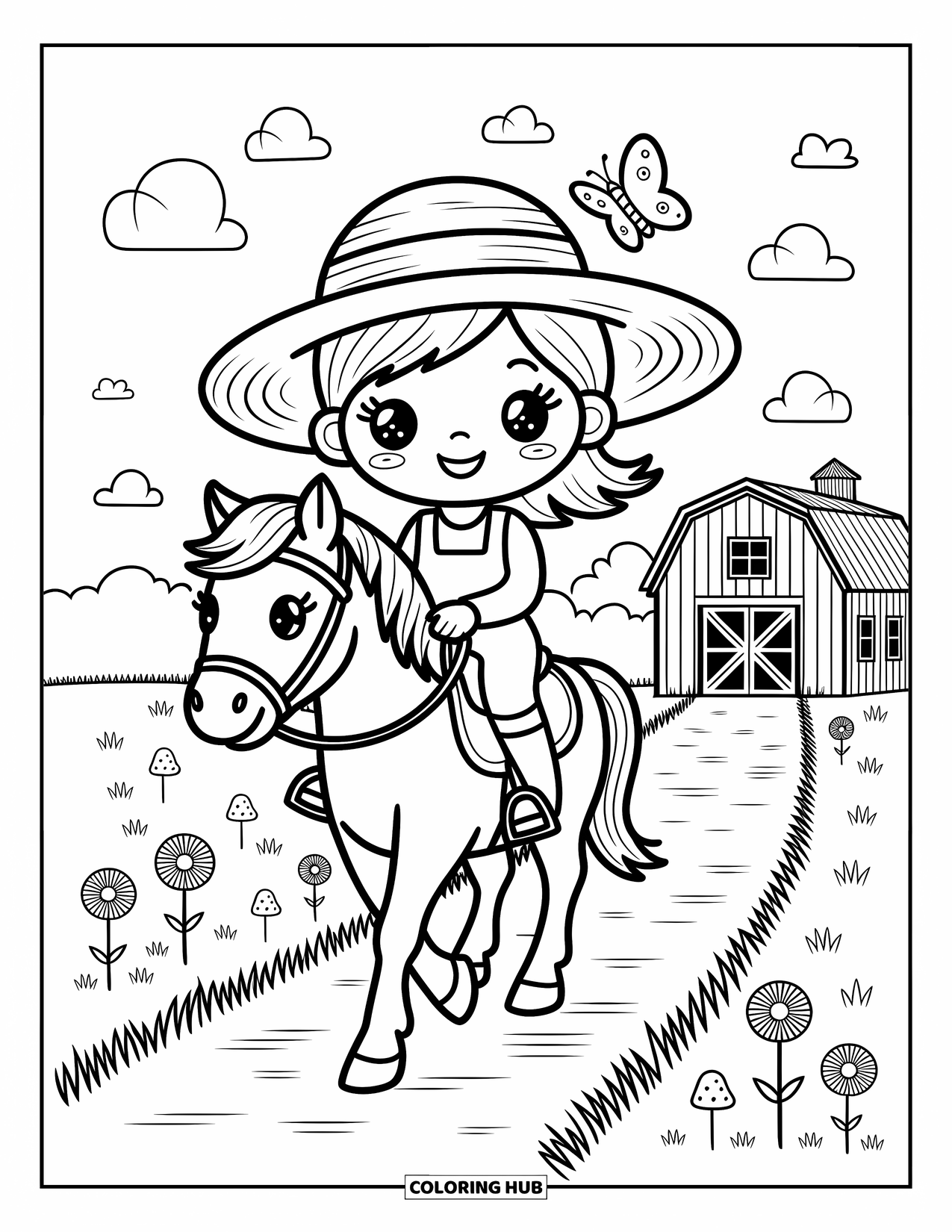 Disegno da colorare Fattoria per adulti: Una contadinella kawaii cavalca il suo cavallo lungo un sentiero sterrato tortuoso