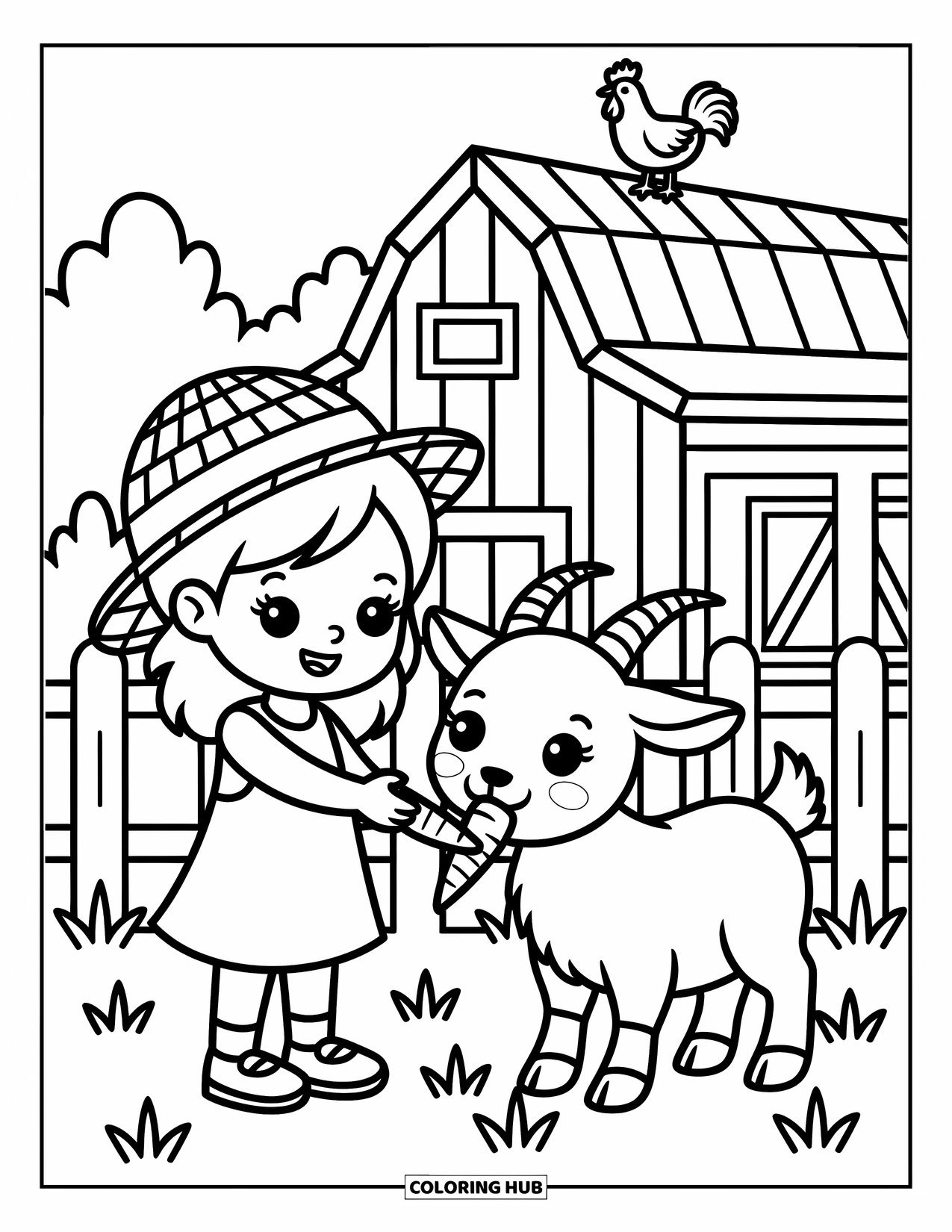 Dibujo de granja para colorear para adultos: Una niña pequeña con un sombrero de paja le da una zanahoria a una cabra amigable