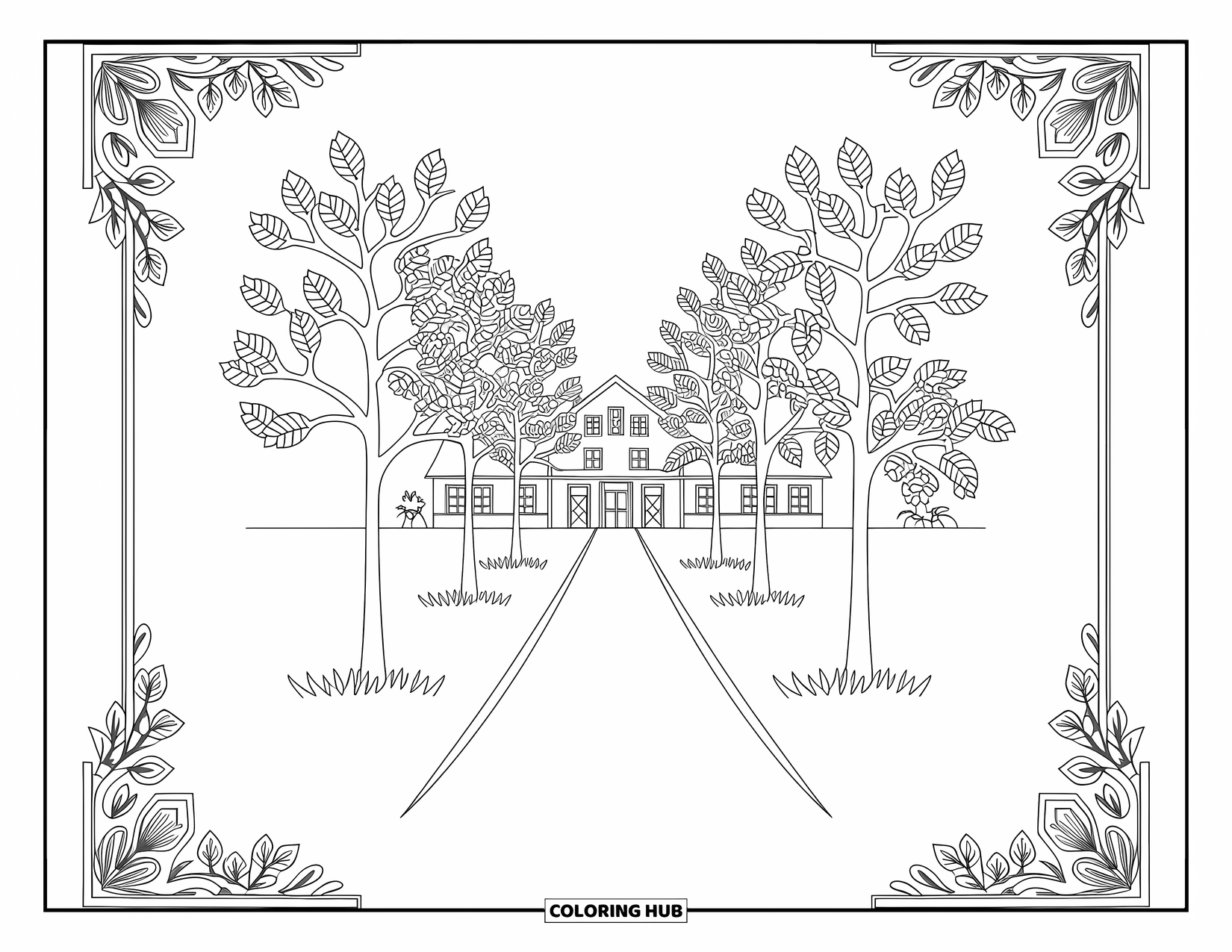 Dibujo de granja para colorear para adultos: Un camino rural tranquilo flanqueado por árboles, que serpentea hacia una casa de campo