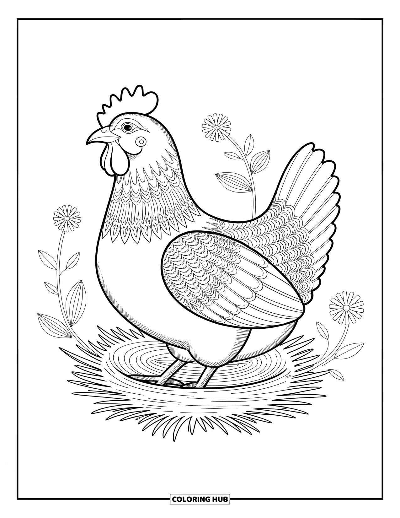 Dibujo de granja para colorear para adultos: Una gallina clueca pacífica, enmarcada por patrones florales arremolinados