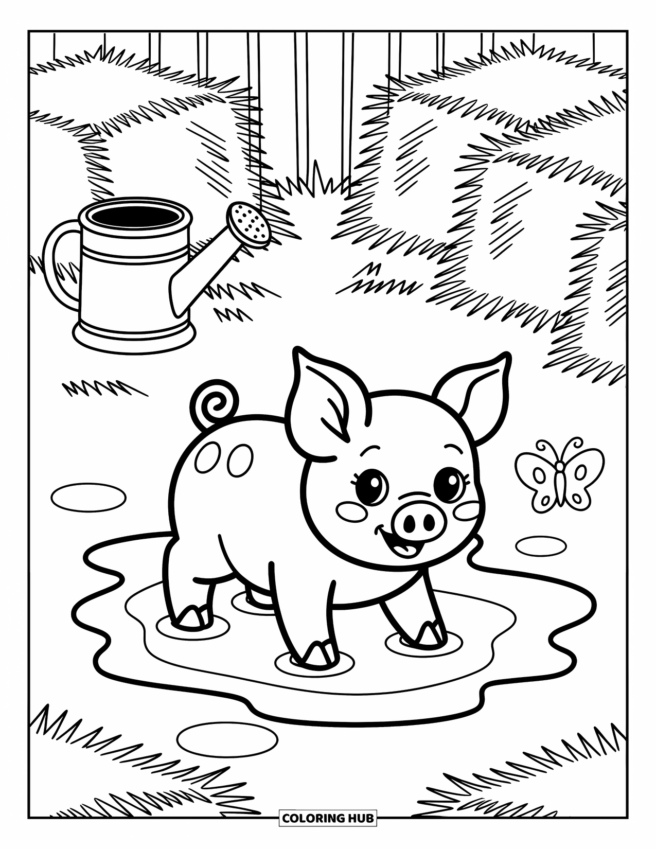 Disegno da colorare Fattoria per adulti: Un maialino sguazza gioiosamente in una pozza fangosa vicino a un pagliaio