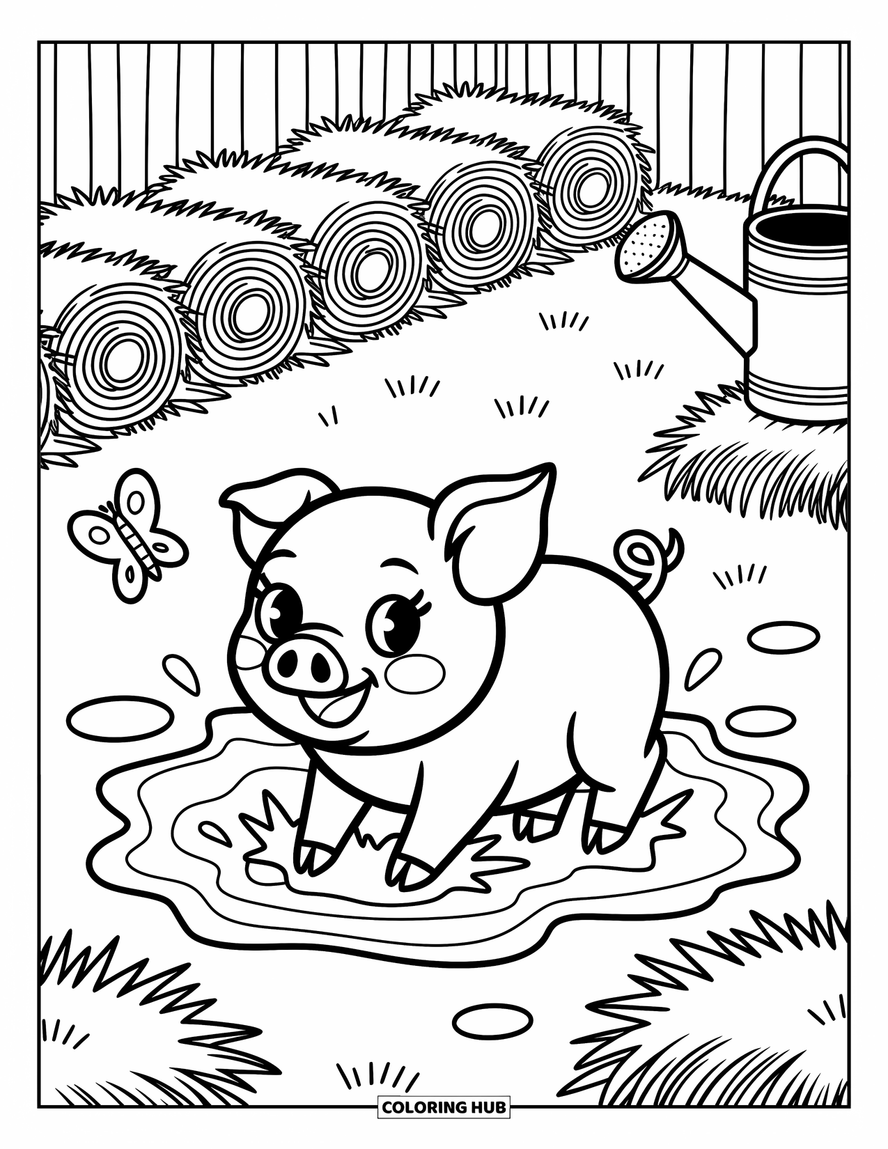 Dibujo de granja para colorear para adultos: Un cerdito juguetón rueda en el barro mientras una mariposa revolotea