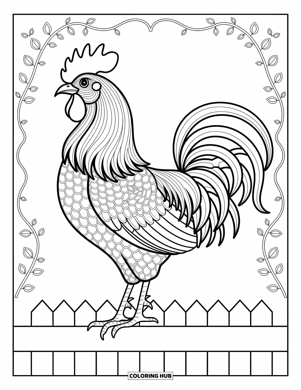 Dibujo de granja para colorear para adultos: Un gallo orgulloso con patrones audaces e intrincados detalles de plumas