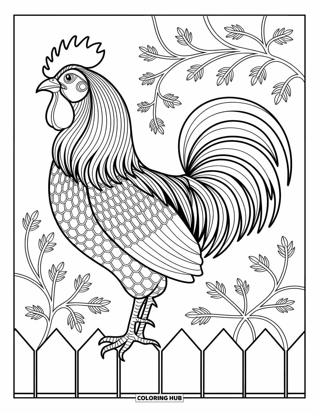 Dibujo de granja para colorear para adultos: Un gallo orgulloso con plumas intrincadas se posa en una cerca de madera clásica