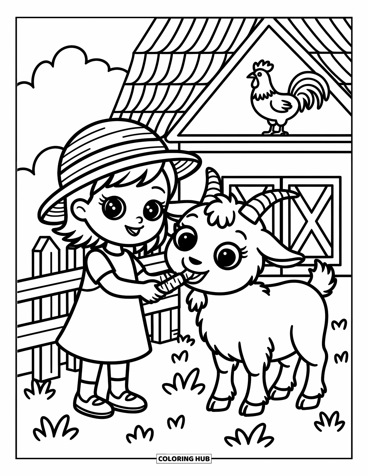 Dibujo de granja para colorear para adultos: Una niña pequeña y su cabra disfrutan de un bocadillo cerca de una acogedora cerca de la granja