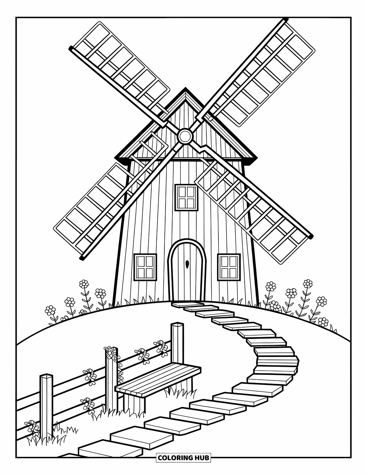 Disegno da colorare Fattoria per adulti: Un alto mulino a vento di legno su una collina, che domina la tranquilla fattoria