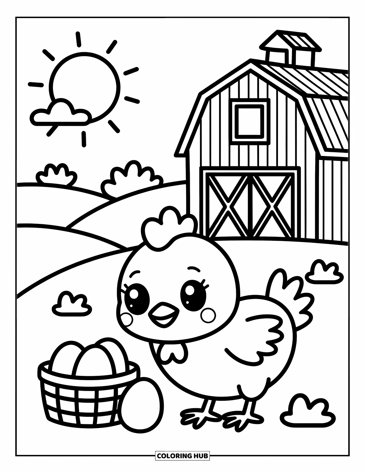 Dibujo de granja para colorear para adultos: Un pollito diminuto explora con curiosidad cerca de una canasta de huevos tibios