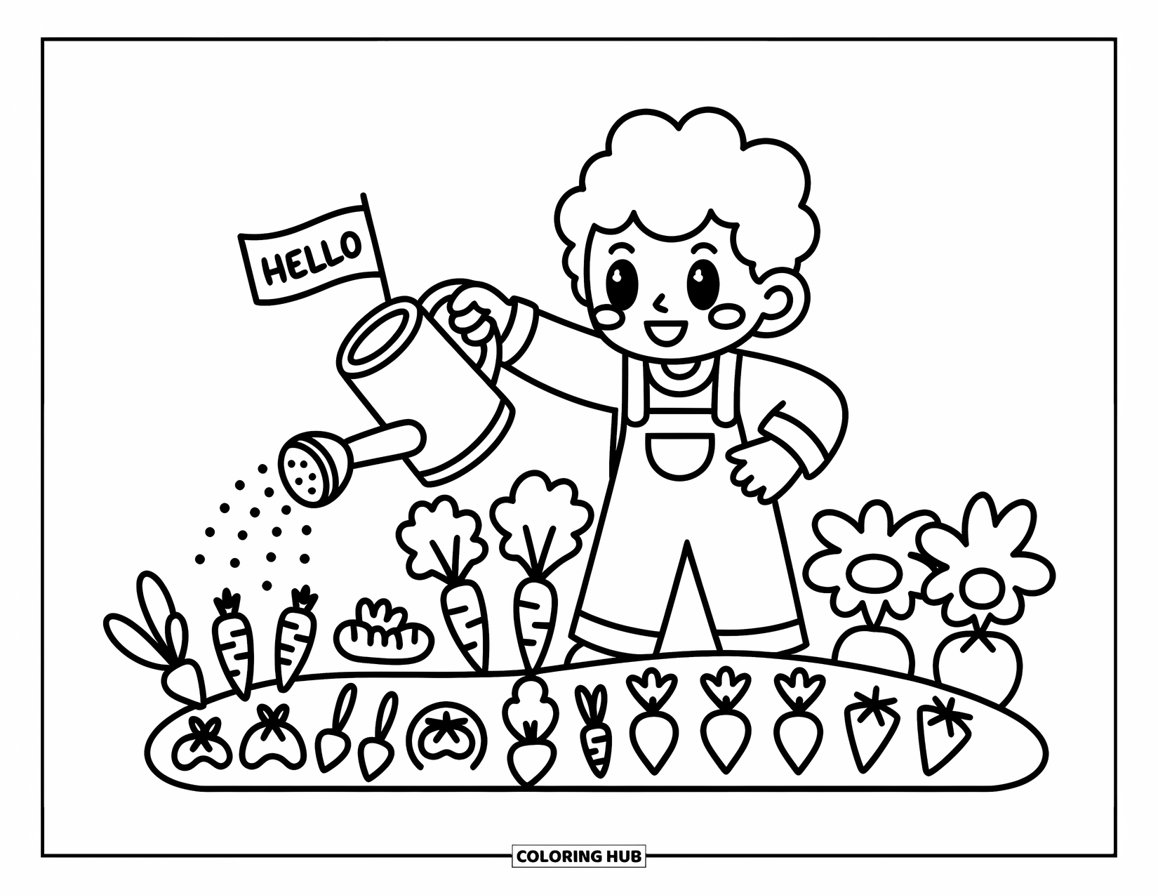 Dibujo de granja para colorear para adultos: Un gusano diminuto asoma mientras un granjero riega un jardín de verduras frescas