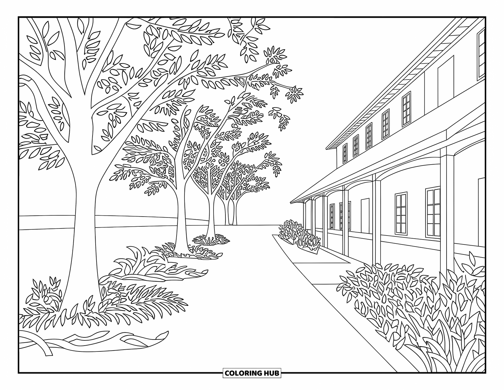 Dibujo de granja para colorear para adultos: Un camino arbolado conduce a una casa de campo rústica con detalles intrincados