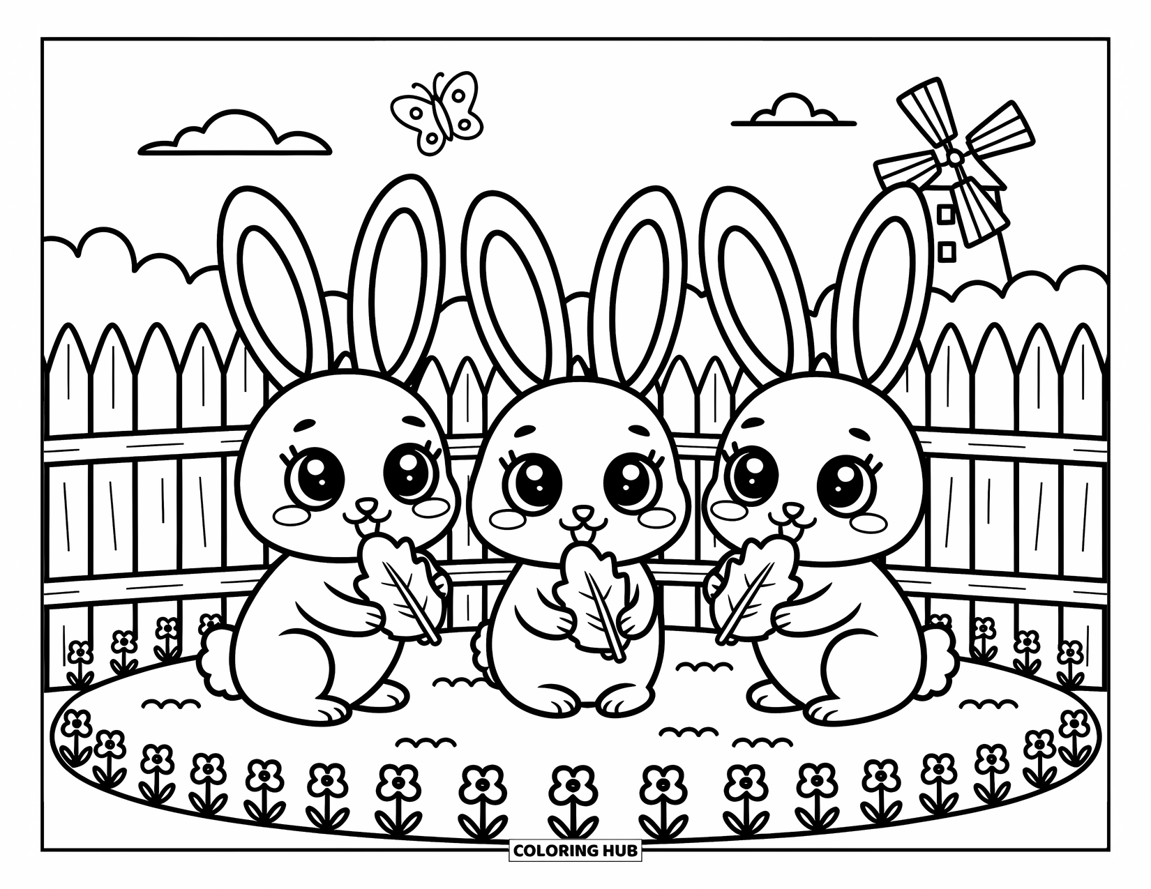 Dibujo de granja para colorear para adultos: Un trío de conejitos mordisquea verduras mientras una mariposa revolotea