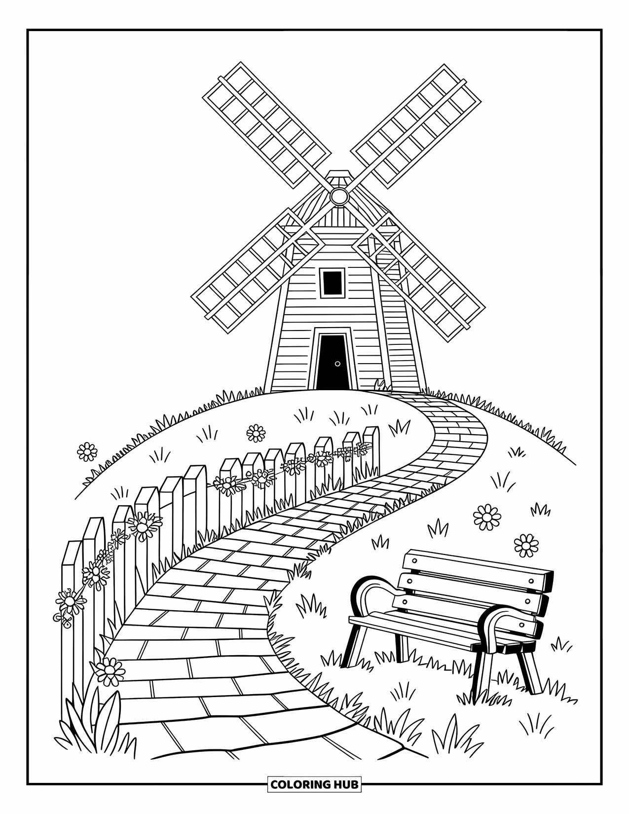 Dibujo de granja para colorear para adultos: Un molino de viento antiguo gira suavemente en la cima de una pequeña colina