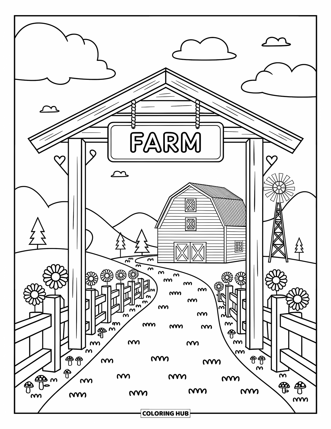 Disegno da colorare Fattoria per adulti: Un cancello della fattoria stravagante con un cartello, che conduce a un fienile e un mulino a vento panoramici