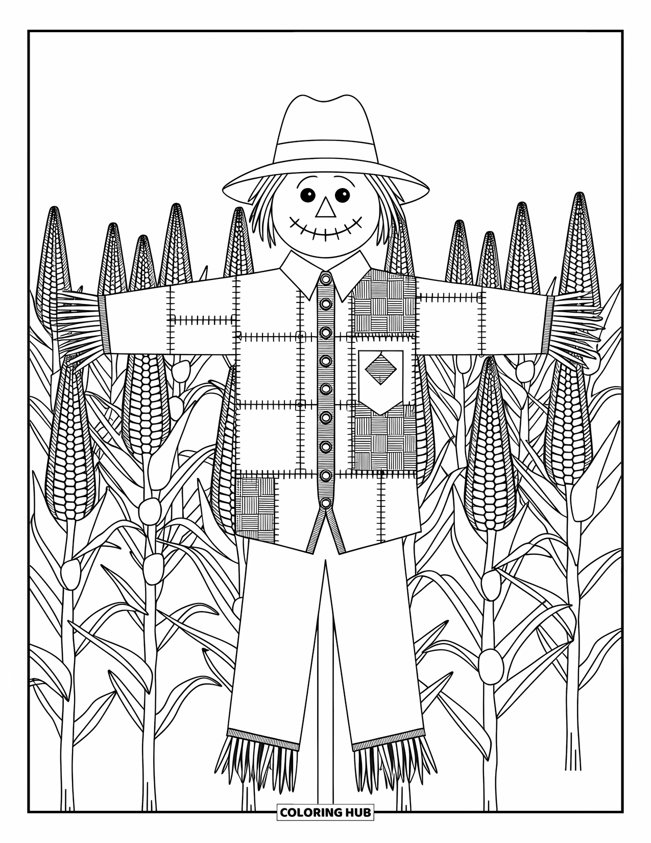Dibujo de granja para colorear para adultos: Un espantapájaros caprichoso rodeado de imponentes tallos de maíz con detalles arremolinados