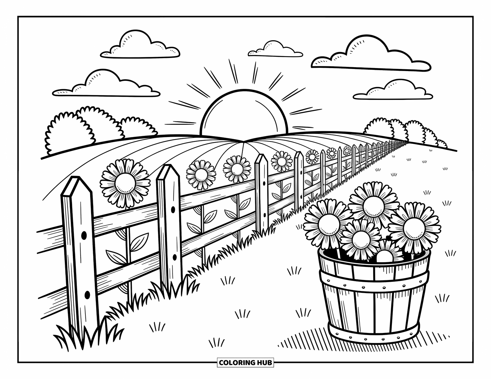 Disegno da colorare Fattoria per adulti: Una recinzione di legno si estende attraverso un campo fiancheggiato da alti girasoli