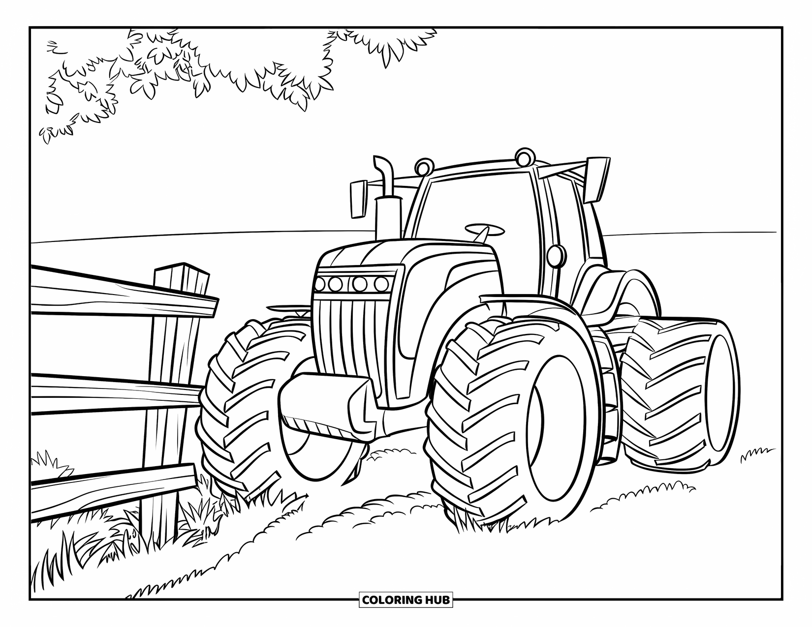 Disegno da colorare Fattoria per bambini: Un grande trattore con ruote sovradimensionate è parcheggiato vicino a una recinzione di legno