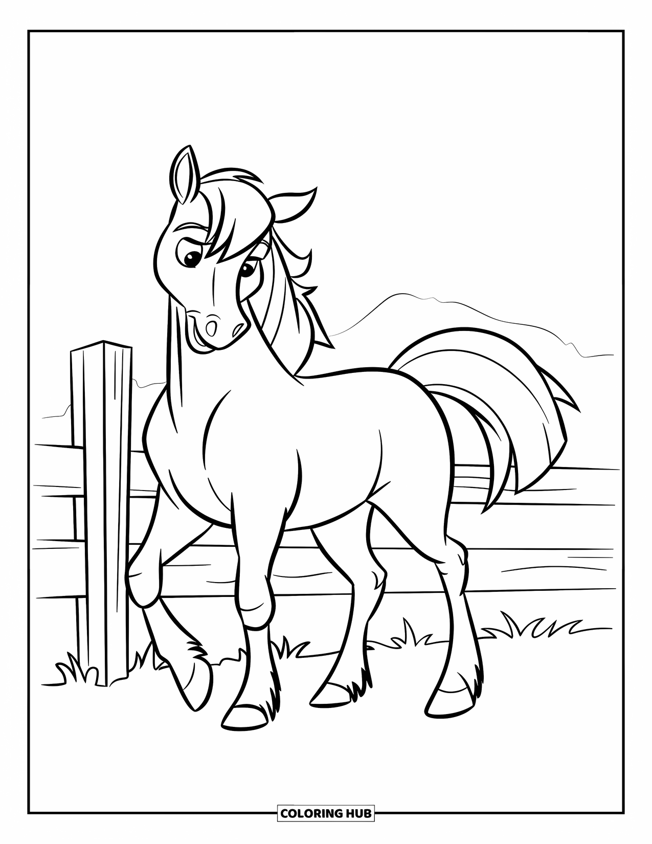 Disegno da colorare Fattoria per bambini: Un cavallo calmo agita la coda mentre si trova nel pascolo