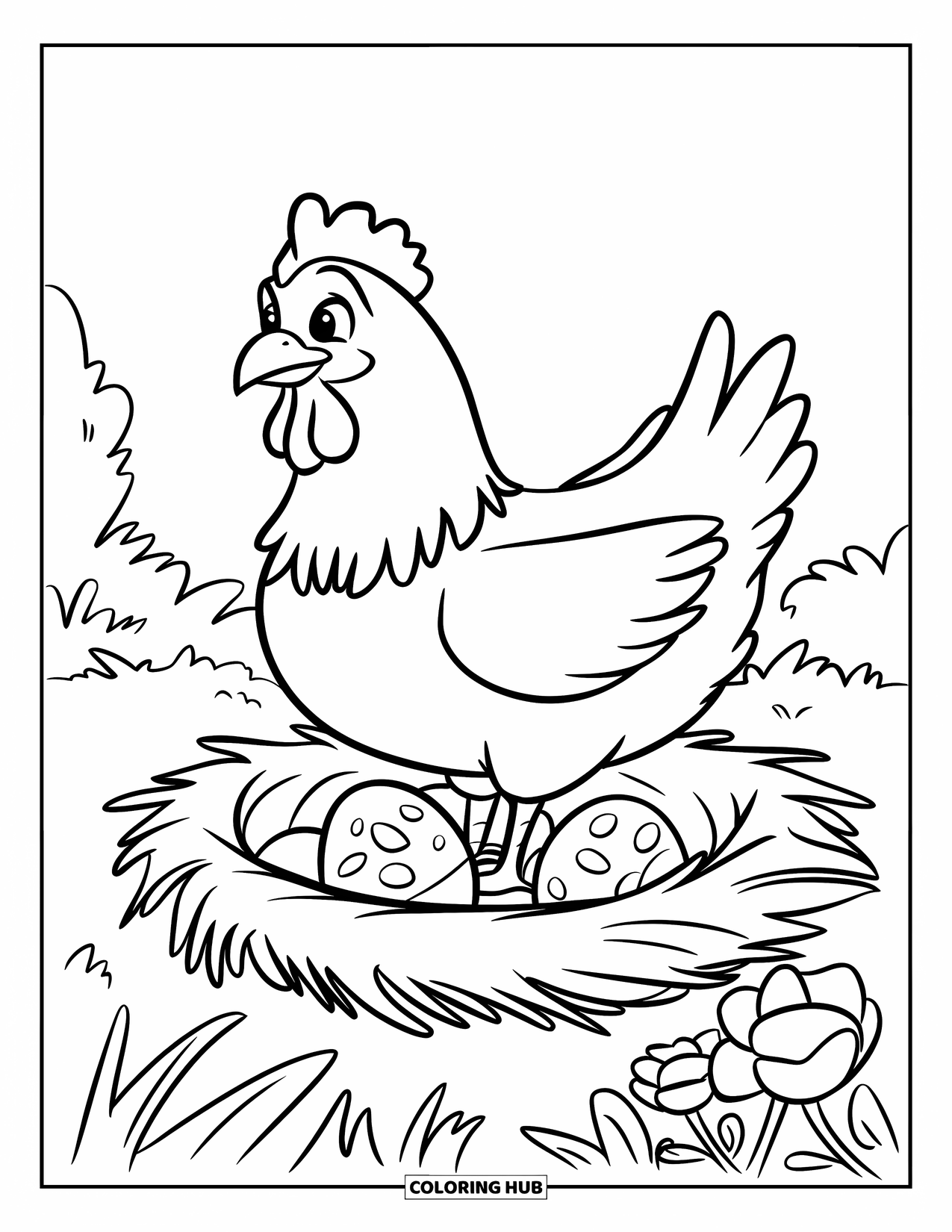 Disegno da colorare Fattoria per bambini: Una gallina premurosa siede sopra il suo nido, proteggendo le sue piccole uova