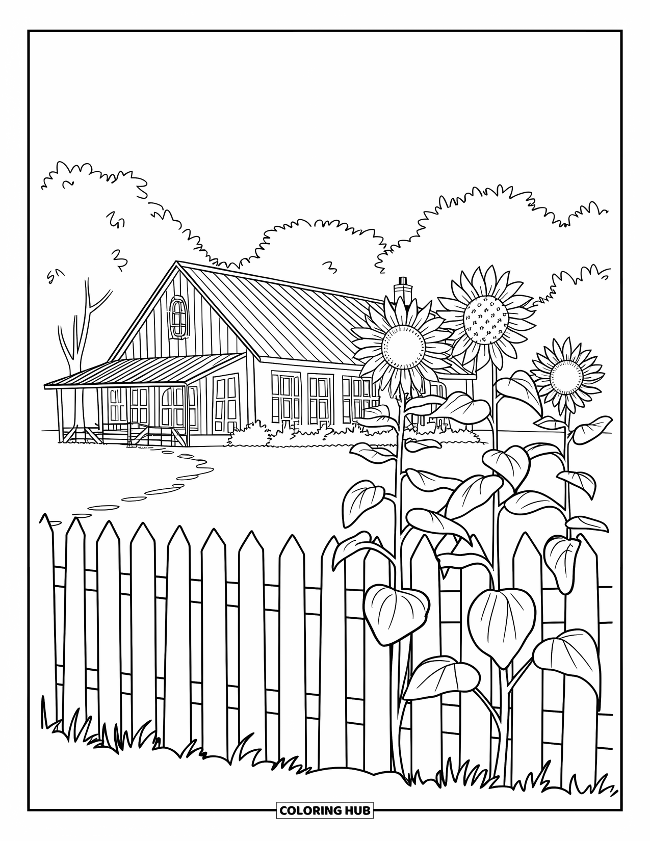 Disegno da colorare Fattoria per bambini: Un'affascinante casa di campagna con alti girasoli e una staccionata