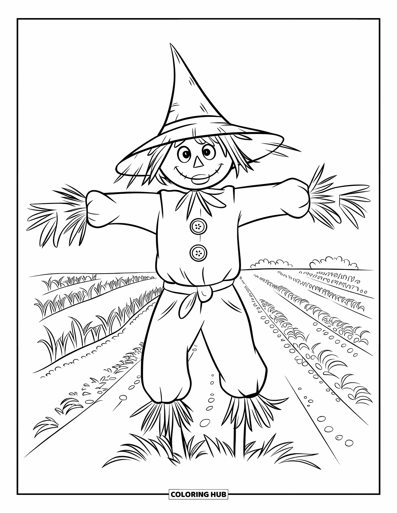 Disegno da colorare Fattoria per bambini: Uno spaventapasseri affascinante si erge tra viti e steli ondeggianti