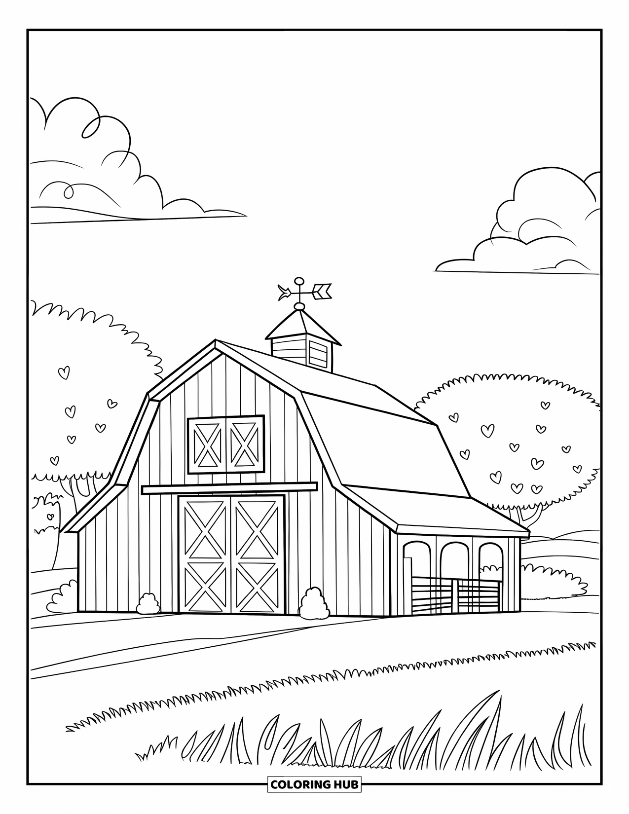 Disegno da colorare Fattoria per bambini: Un classico fienile agricolo con una banderuola e un sentiero sterrato che conduce all'interno