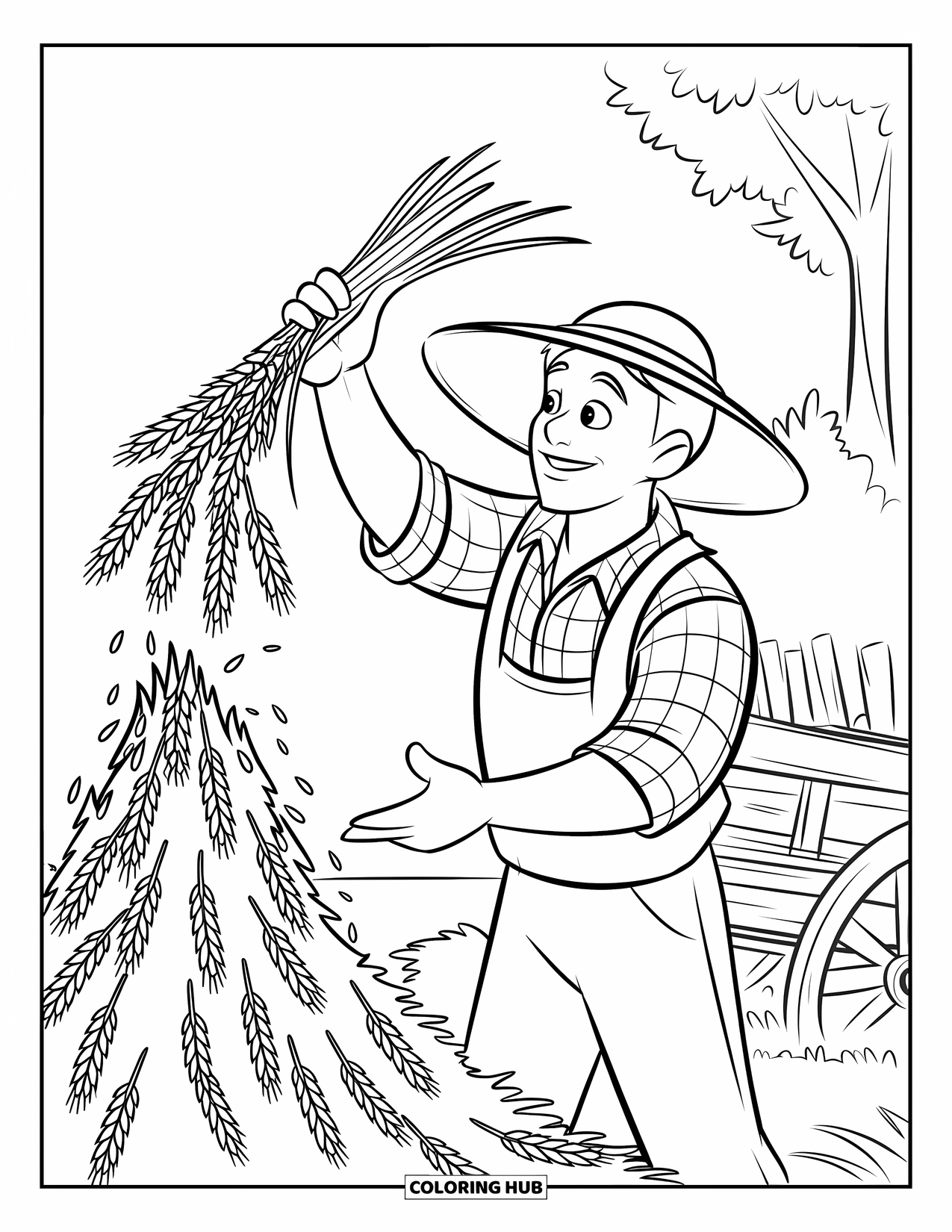 Disegno da colorare Fattoria per bambini: Una scena di fattoria classica con un contadino che getta il grano in un carro di legno