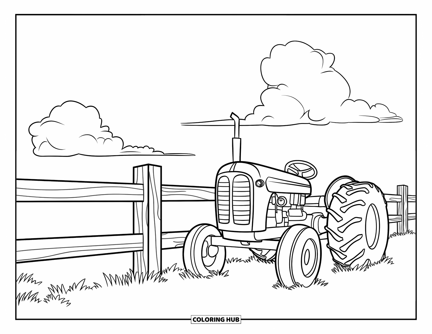Disegno da colorare Fattoria per bambini: Un classico trattore agricolo con pneumatici extra-large riposa vicino a una recinzione