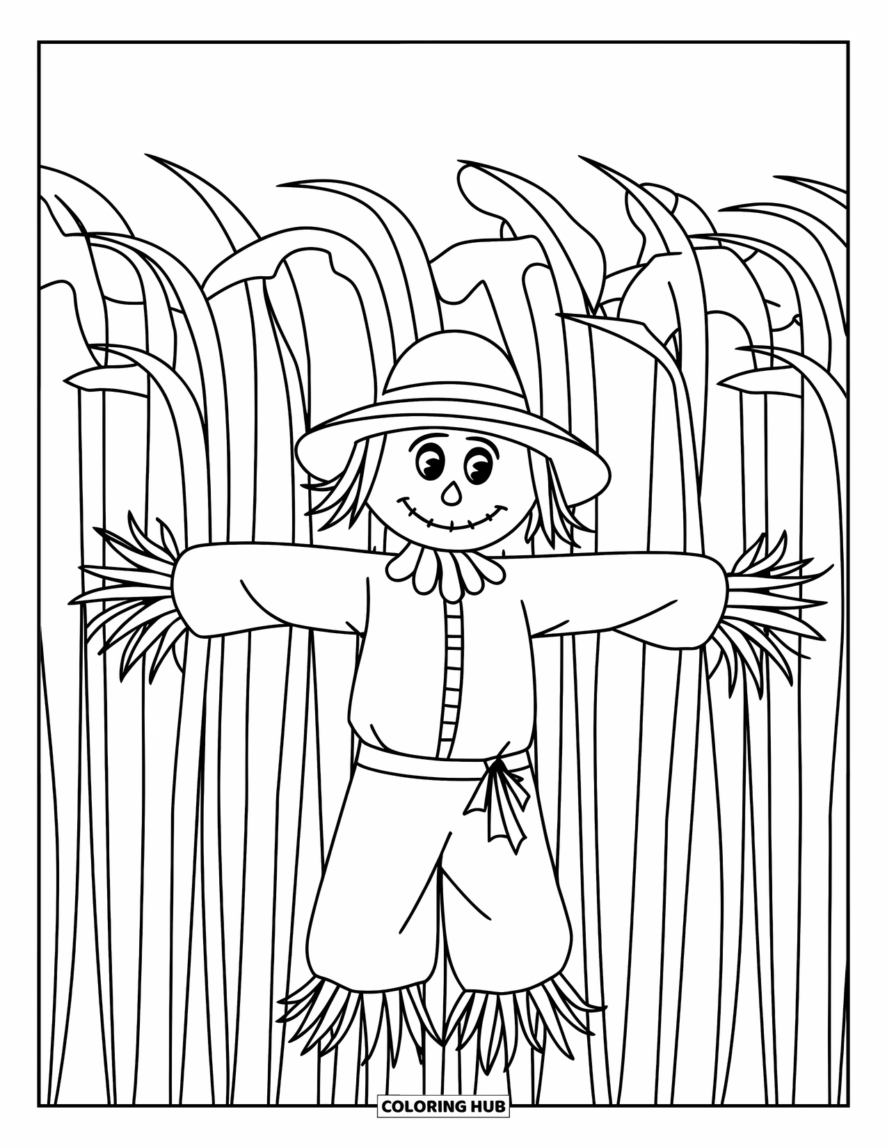 Disegno da colorare Fattoria per bambini: Uno spaventapasseri classico con un cappello di paglia allarga le braccia in un campo