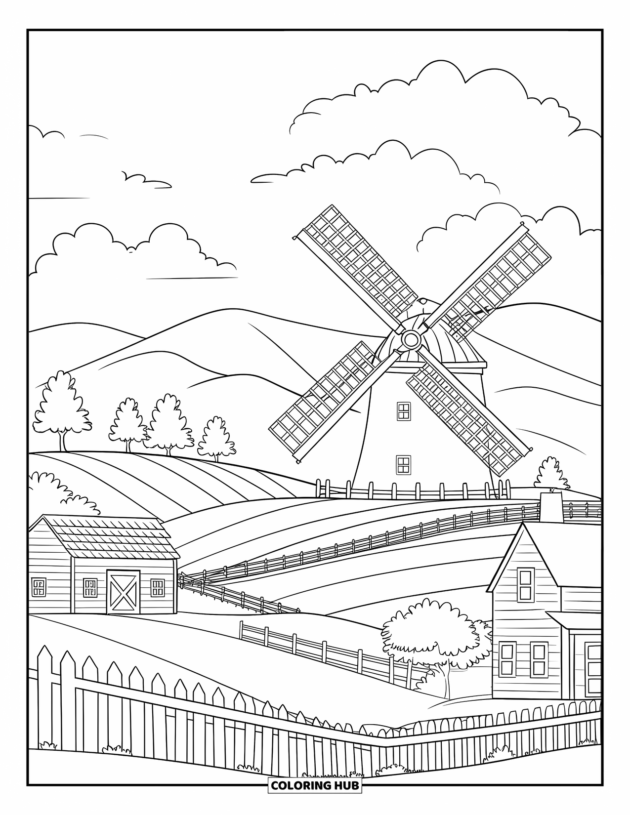 Disegno da colorare Fattoria per bambini: Un mulino a vento classico si erge alto tra campi, fienili e alberi