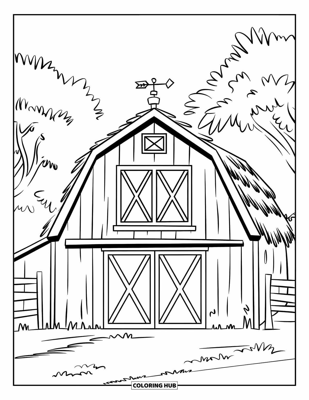 Disegno da colorare Fattoria per bambini: Un fienile accogliente con grandi porte e una banderuola in cima