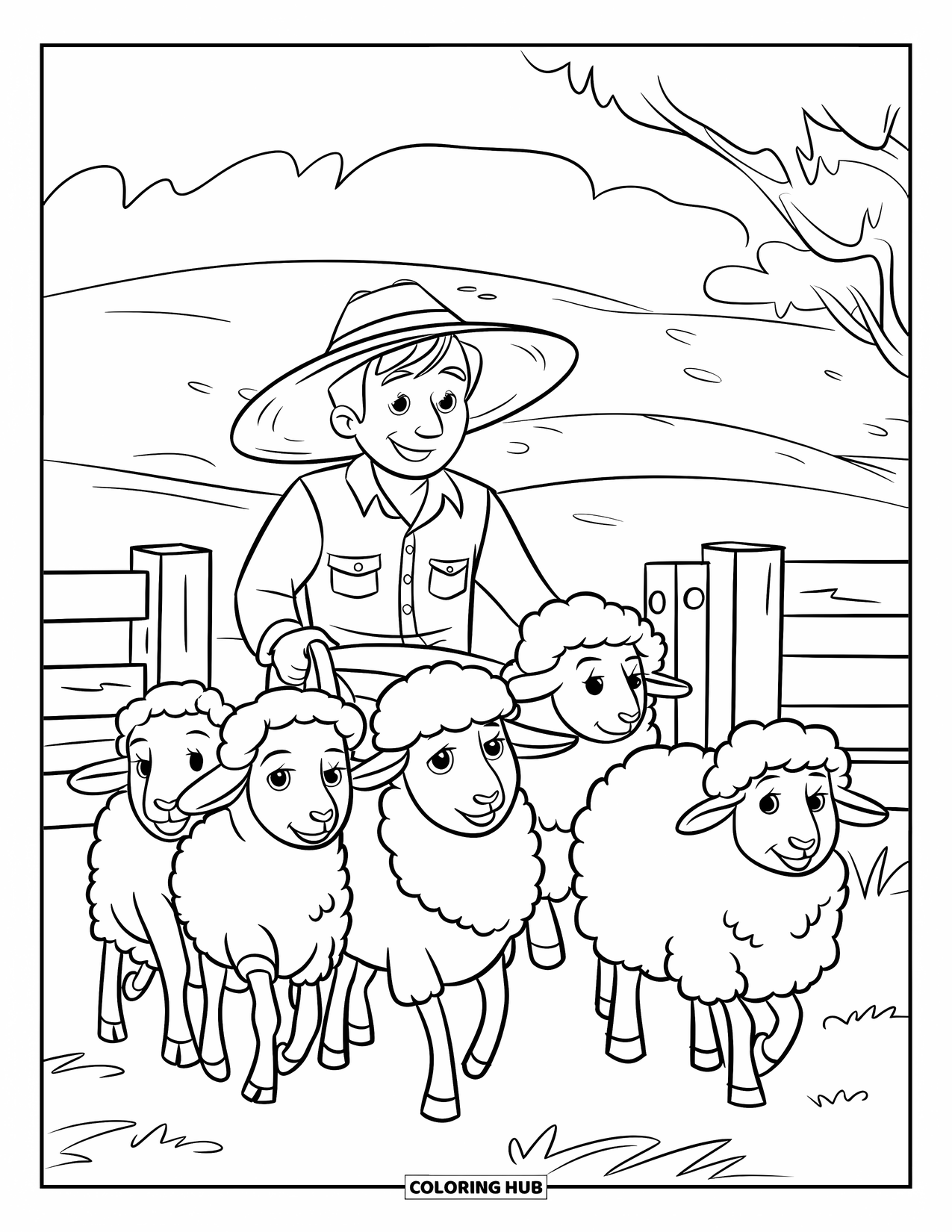 Disegno da colorare Fattoria per bambini: Una scena di fattoria accogliente con un contadino che guida le pecore attraverso un cancello rustico