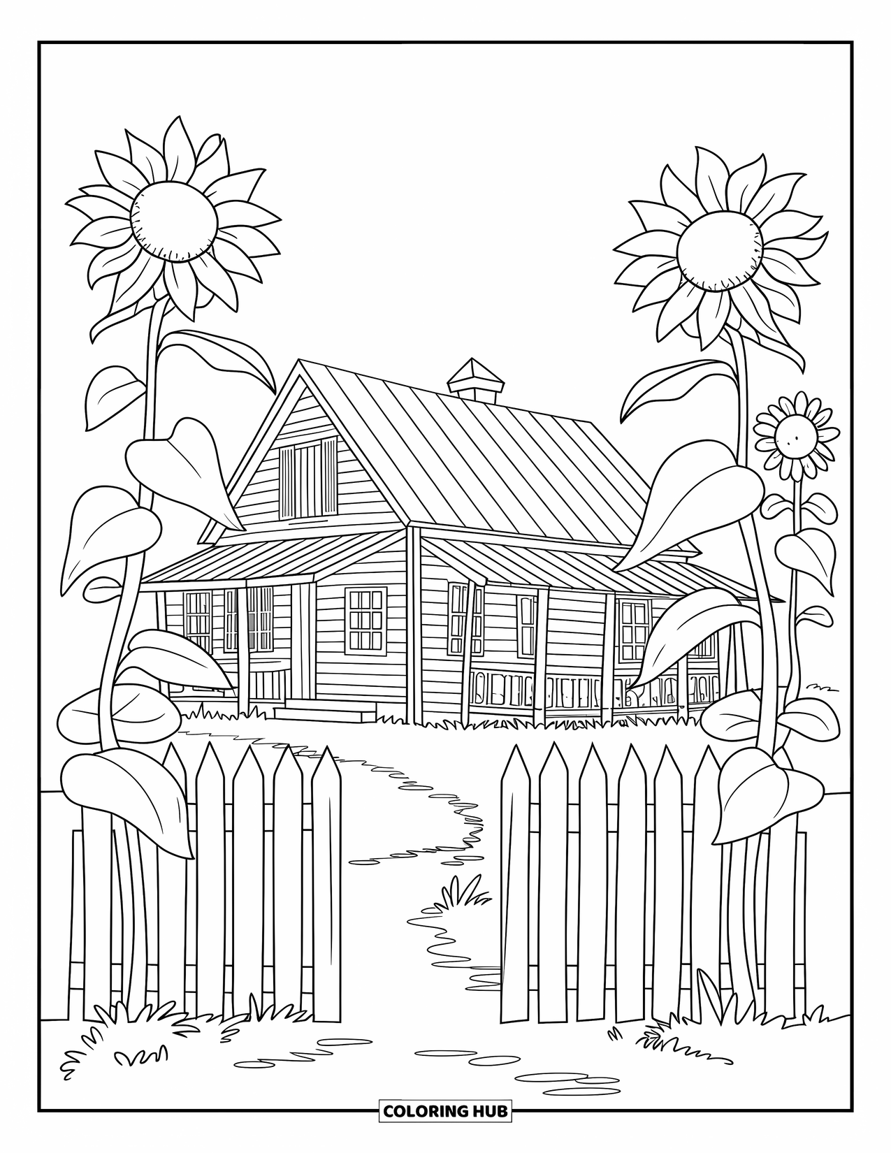 Disegno da colorare Fattoria per bambini: Una fattoria accogliente con una staccionata bianca e girasoli in fiore