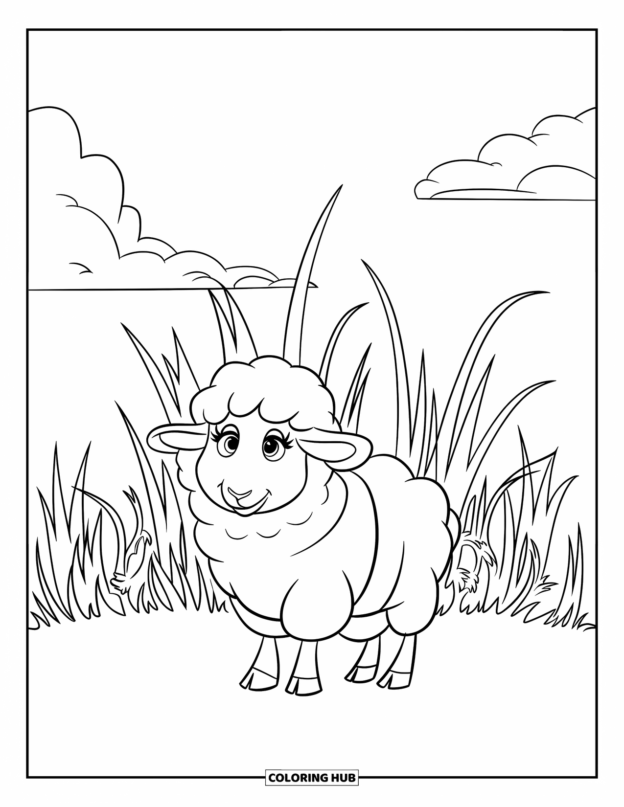 Disegno da colorare Fattoria per bambini: Una pecora accogliente con un folto mantello si rilassa nel prato
