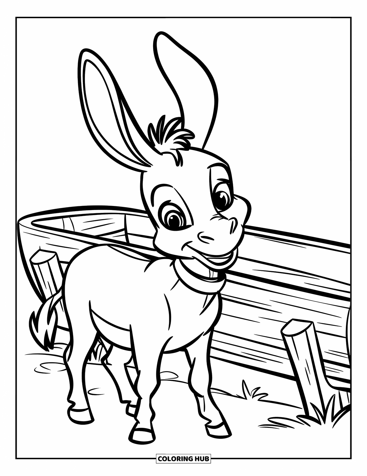 Disegno da colorare Fattoria per bambini: Un asino curioso sorseggia acqua da una mangiatoia di legno della fattoria