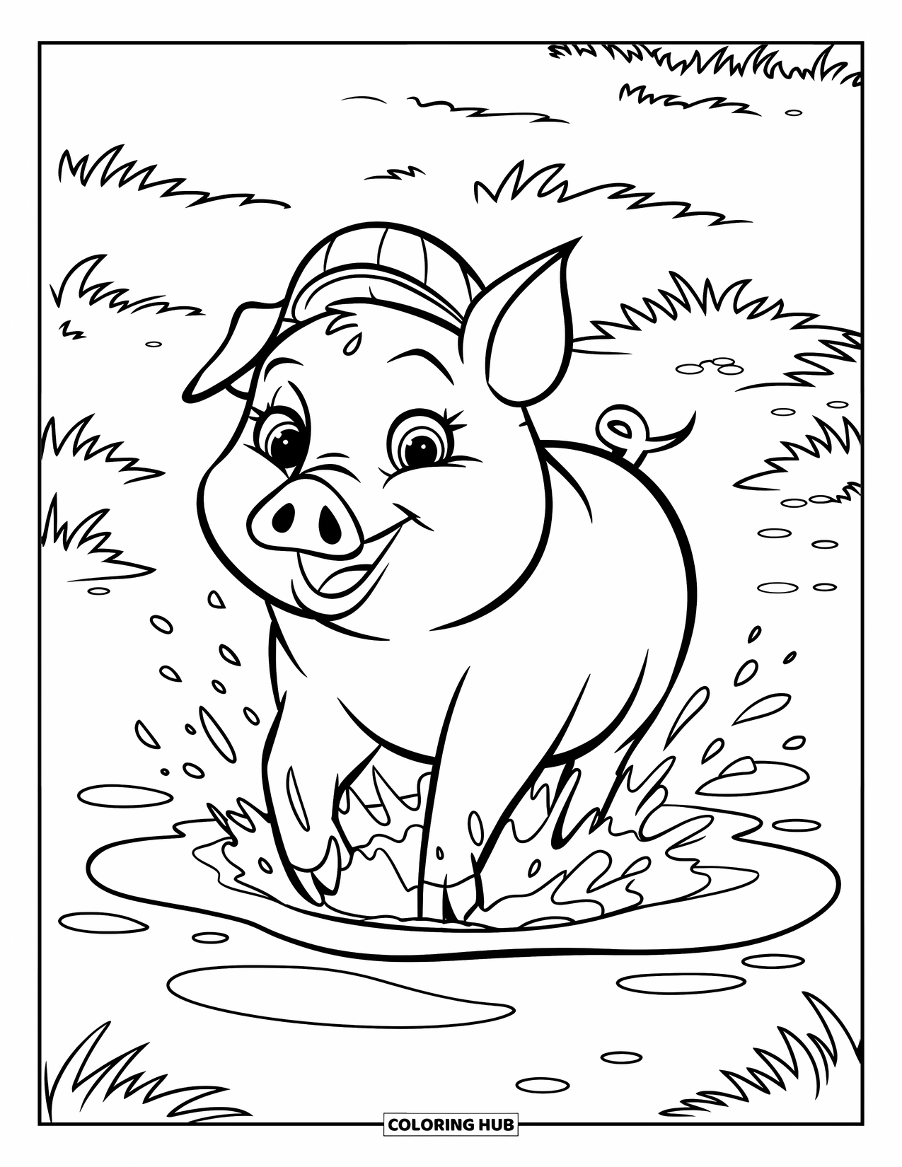 Disegno da colorare Fattoria per bambini: Un maiale carino sguazza giocosamente in una piccola pozza di fango