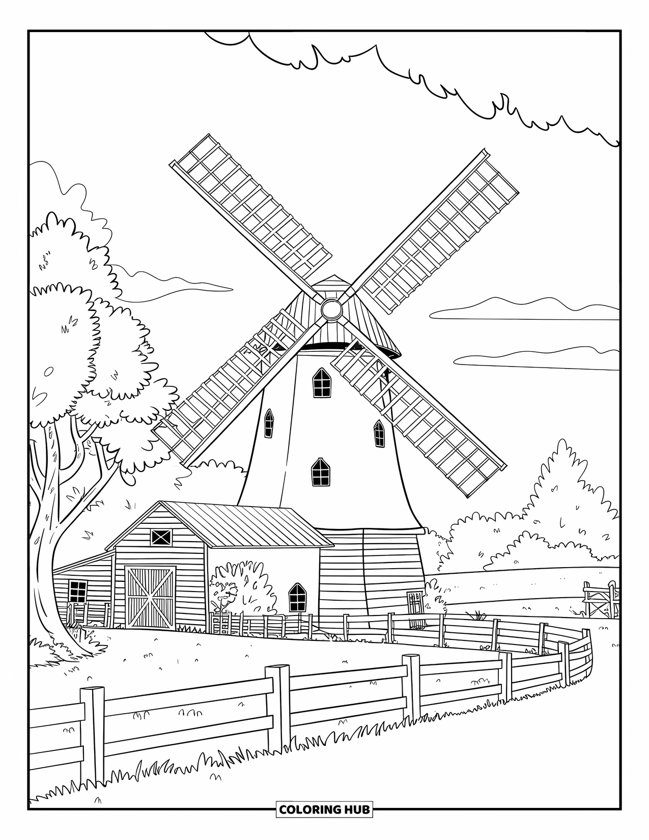 Disegno da colorare Fattoria per bambini: Un mulino a vento agricolo gira sopra un bellissimo paesaggio ondulato