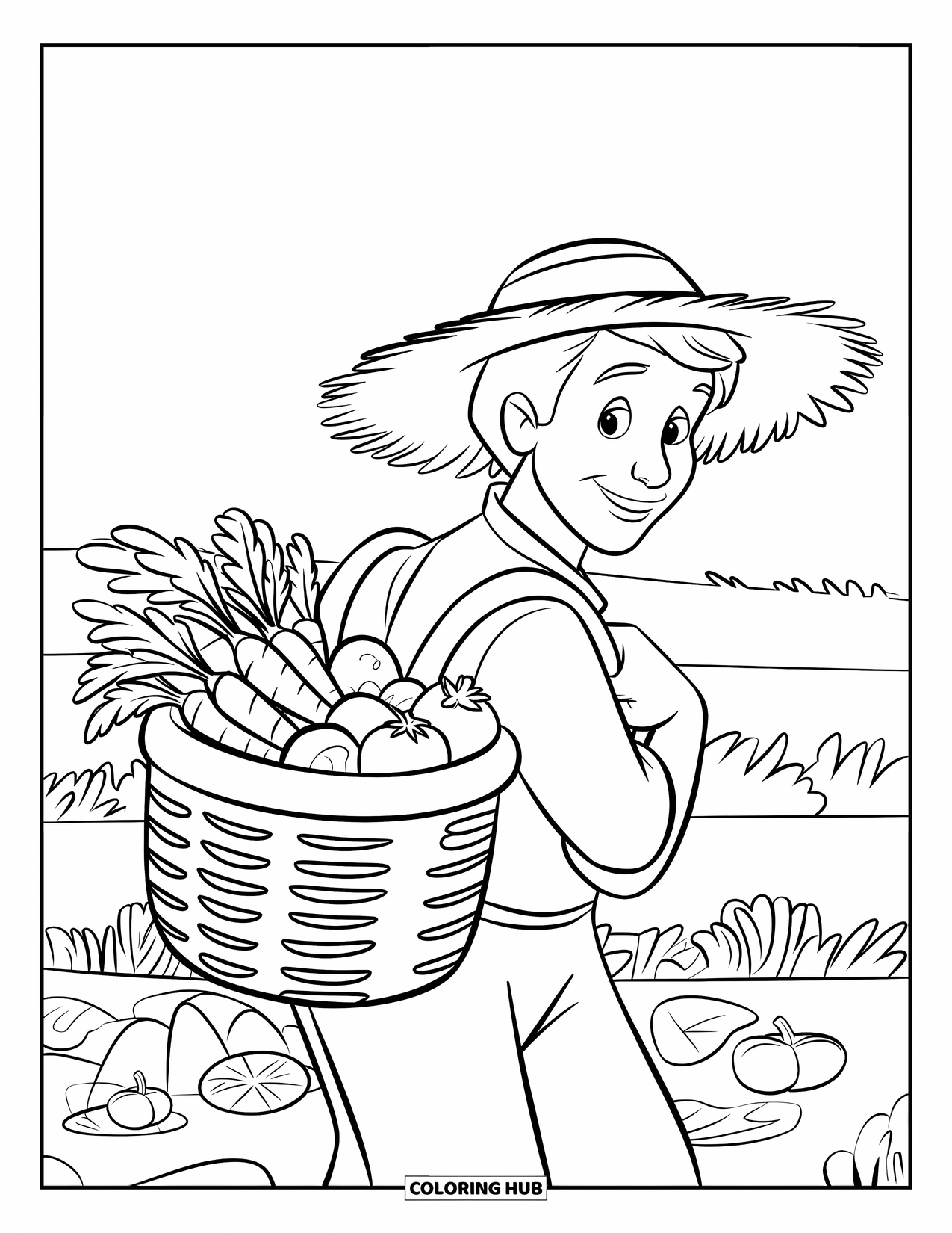 Disegno da colorare Fattoria per bambini: Un contadino trasporta un cesto traboccante di verdure appena raccolte